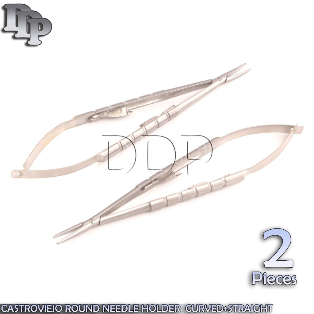2 PREMIUM O.R GRADE CASTROVIEJO ROUND NEEDLE HOLDER SMOOTH 7" CURVED+STRAIGHT