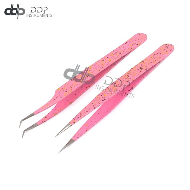2 Pcs Straight And Curved Tip Tweezer Nipper For Eyelash Extension, Pink & Black