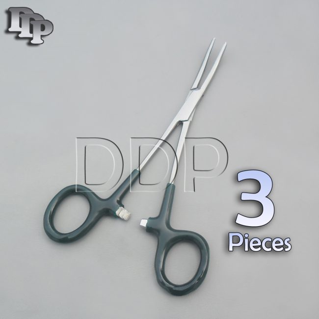 3 Hemostats Kelly Forceps Surgical Instruments, Green Dep Handle 5.50" Curved