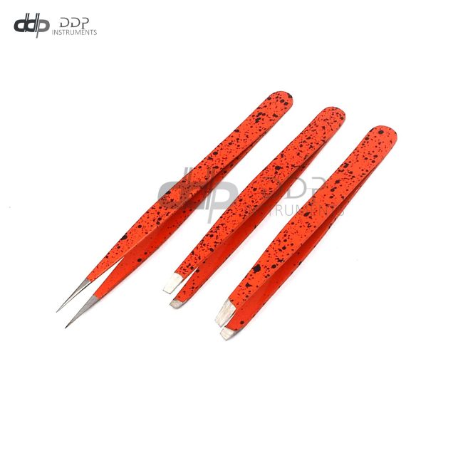 3 Slant & Pointed Tweezers Set Eyebrow Ingrown Facial & Nose Hair (Orange & BLK)