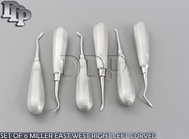 SET OF 6 MILLER EAST WEST RIGHT LEFT CURVED DENTAL TOOTH EXTRACTING ELEVATORS