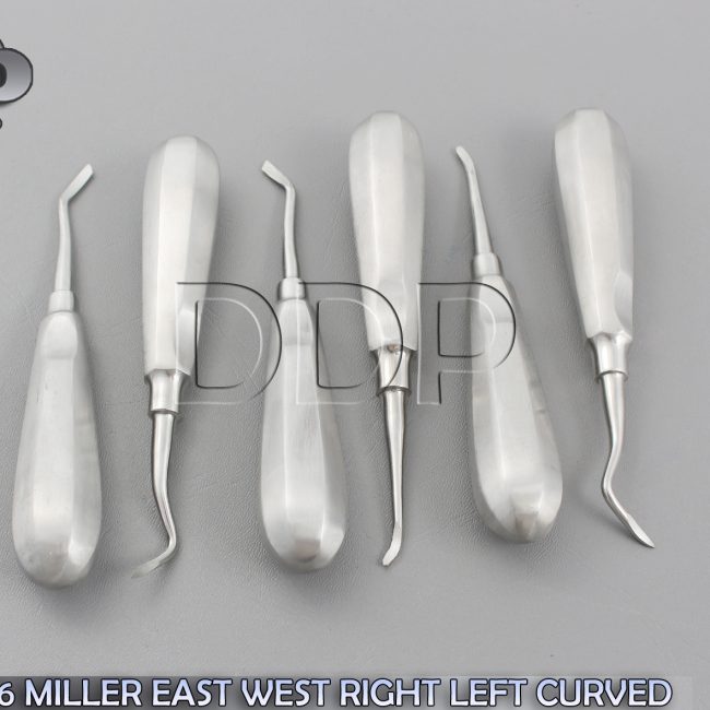 SET OF 6 MILLER EAST WEST RIGHT LEFT CURVED DENTAL TOOTH EXTRACTING ELEVATORS