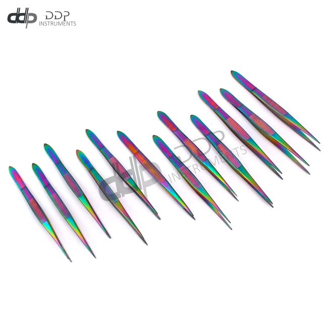 Set Of 12 Splinter Forceps Fine Point 4.5" Multi Color Rainbow
