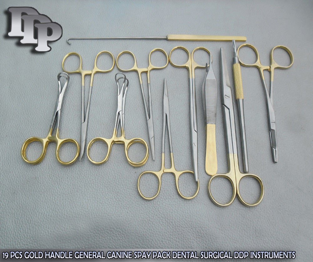 19 PCS GOLD HANDLE GENERAL CANINE SPAY PACK SURGICAL INSTRUMENTS SET KIT DS-1054 - Image 3