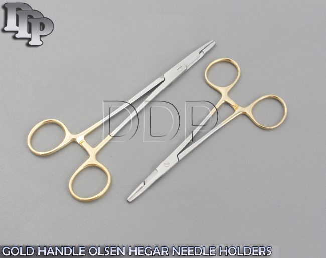 2 GOLD HANDLE O.R GRADE OLSEN HEGAR NEEDLE HOLDERS HEMOSTAT SCISSORS 5.5"+ 6.5"