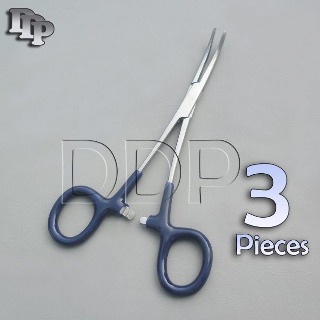 3 Hemostats Kelly Forceps Surgical Instruments, Blue Dep Handle 5.50" Curved