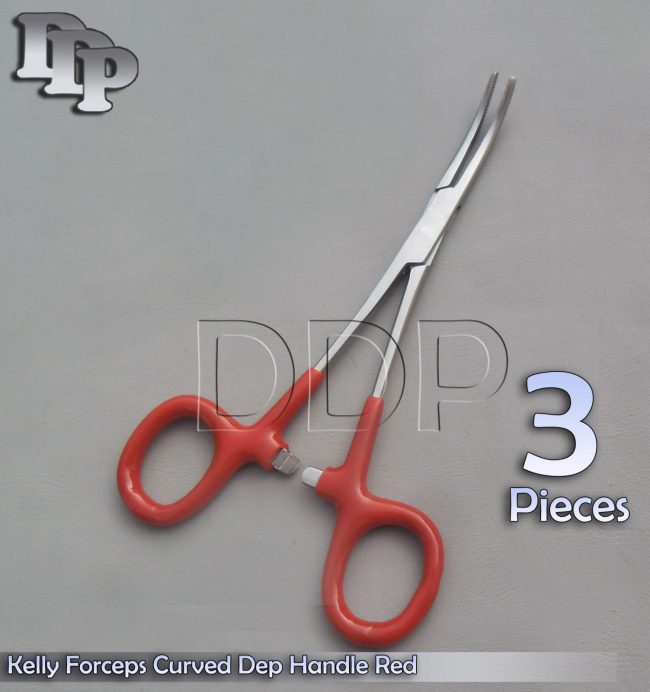 3 Hemostats Kelly Forceps Surgical Instruments, Red Dep Handle 5.50" Curved