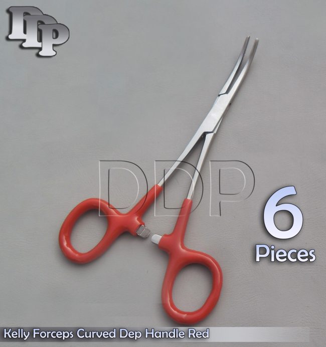 6 Hemostats Kelly Forceps Surgical Instruments, Red Dep Handle 5.50" Curved