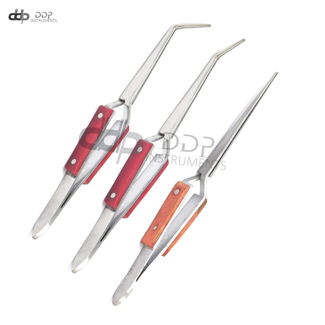 Fiber Grip Cross Lock Tweezers Self Closing 6" Set - Curved + 90° + Straight Tip