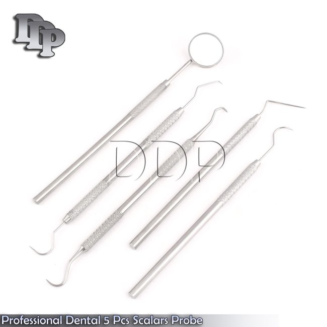 GERMAN Professional Dental 5 Pcs Scalars Probe Pick Set, Mirror with Handle Kit