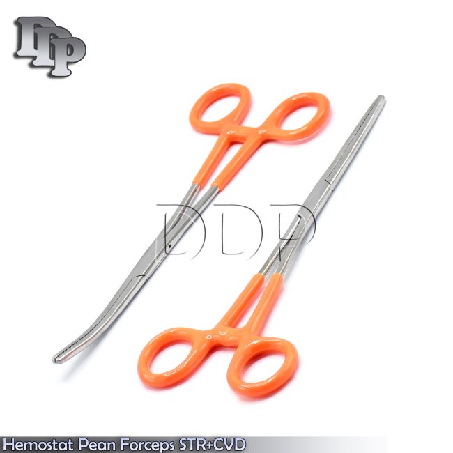 Hemostat Forceps Orange Vinyl Grip Handle Straight + Curved Stainless Steel 8"