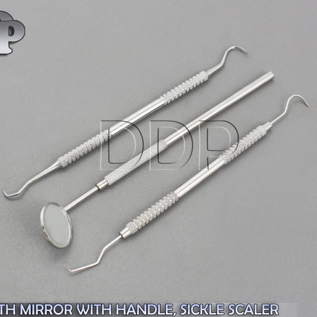 MOUTH MIRROR WITH HANDLE, SICKLE SCALER AND EXPLORER DENTAL EXAMINATION,Pr-175