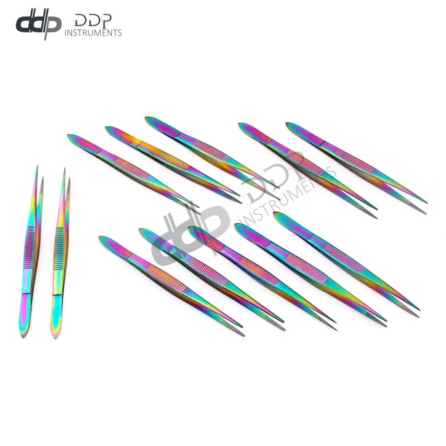Set Of 12 Splinter Forceps Fine Point 3.5" Multi Color Rainbow