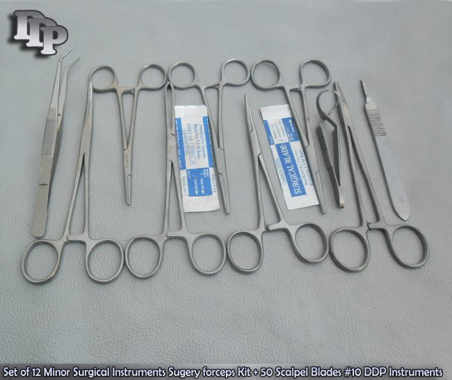 Set of 12 Minor Surgical Sugery forceps Kit + 50 Scalpel Blades#10+11 Instrument
