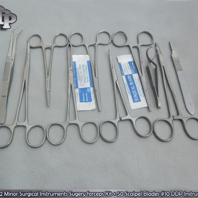 Set of 12 Minor Surgical Sugery forceps Kit + 50 Scalpel Blades#10+11 Instrument