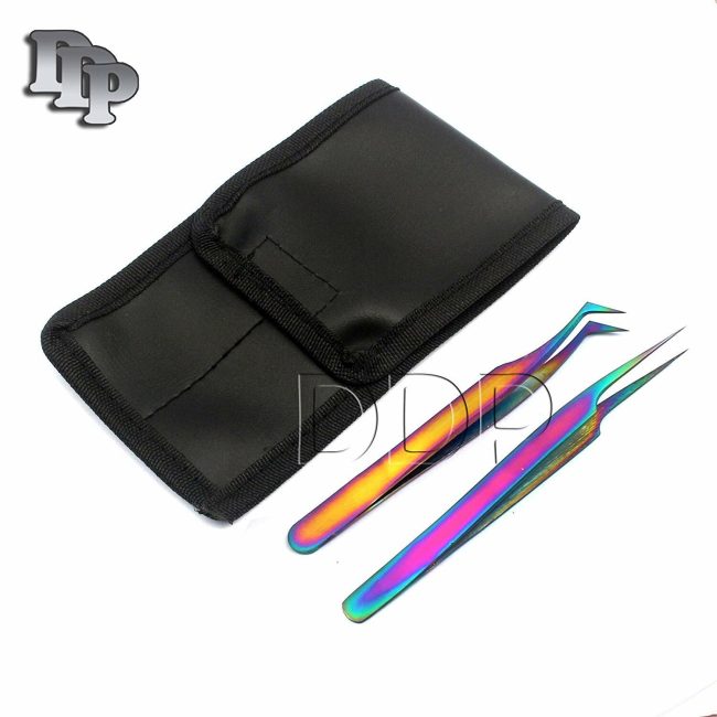 2 Multi Titanium Color 3d Eyelash Extension Tweezers Semi Angled + Pro Straight