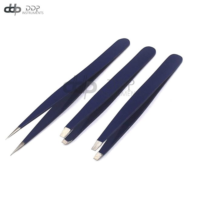 3 Slant & Pointed Tweezers Set Eyebrow Ingrown Facial & Nose Hair (Blue) Color