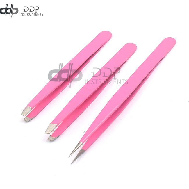 3 Slant & Pointed Tweezers Set Eyebrow Ingrown Facial & Nose Hair (Pink) Color