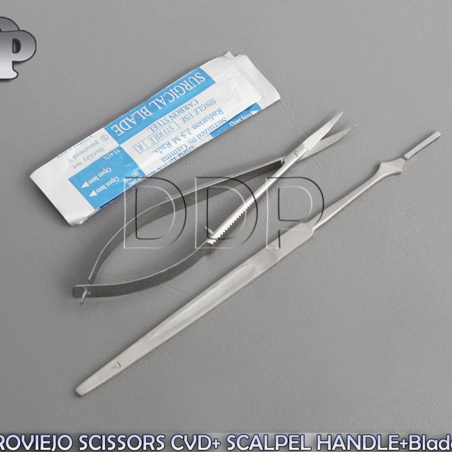 CASTROVIEJO SCISSORS CURVED 4.5"+ SCALPEL HANDLE #7+ 5 SURGICAL BLADES #15
