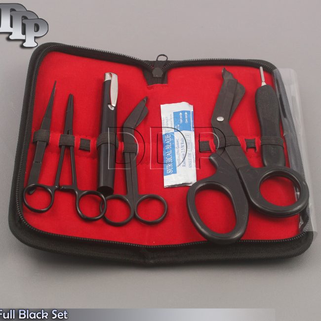 EMT Penlight Bandage Scissors Mayo Needle Splinter Full Black 6 Pcs Set+4Blades