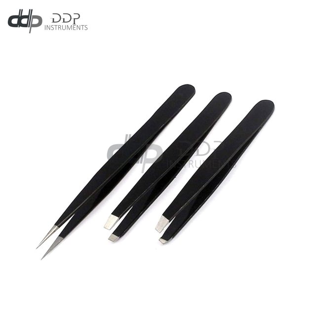 Eyebrow Tweezers Set 3 Pcs Eyebrow With Slant Straight & Pointed Tips (Black)