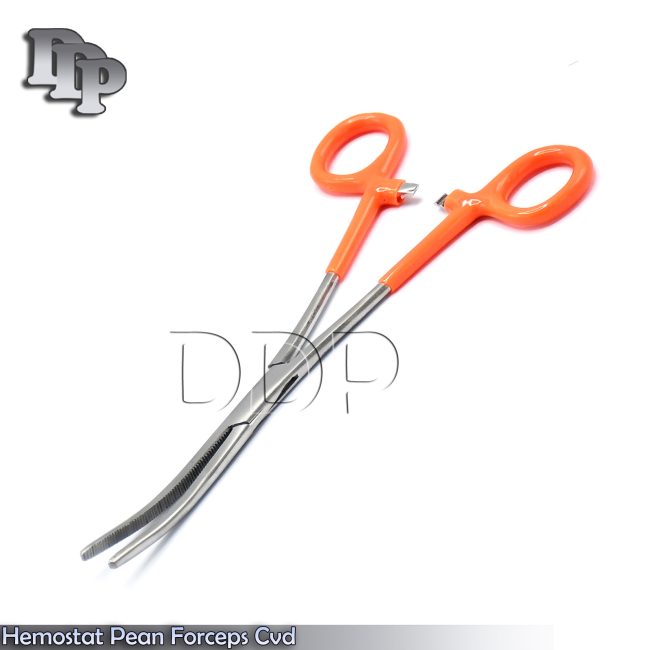 Hemostat Forceps Orange Vinyl Grip Handle Curved Stainless Steel Serrated 8"