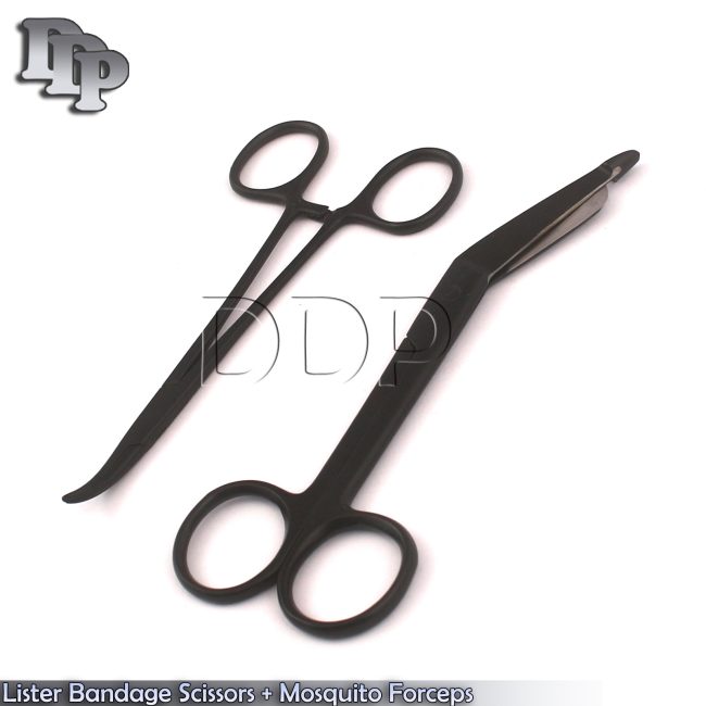 Lister Bandage Scissors 5.5" + Mosquito Forceps Curved Black Coated
