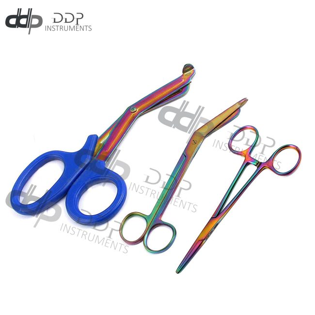 Multi Titanium Rainbow Lister Bandage Scissors 5.5"+Straight Hemostat+EMT Shears