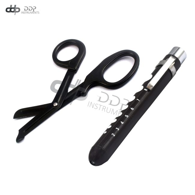 SERRATED SCISSORS FLUORIDE COATED BLADES 7.5" + PENLIGHT REUSABLE MEDICAL NURSE