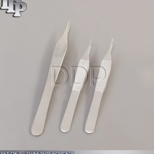 SET OF 3 - KOCHER MICRO ADSON TISSUE DRESSING TWEEZERS FORCEPS - 12cm/15cm/1x2