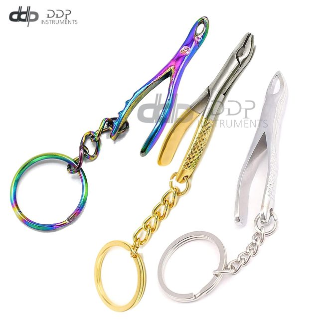 Set of 3 Dental Extracting Forcep Key Chain (Silver, Multi, & Gold Plated) Color
