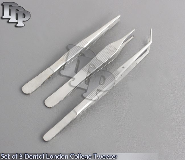 Set of 3 Dental London College Tweezer Dental Serrated Tip Cotton & Dressing