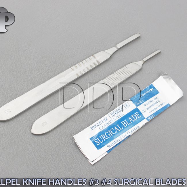 2 ASSORTED SCALPEL KNIFE HANDLES #3 #4 +50 SURGICAL CARBON STEEL BLADES #11 #20