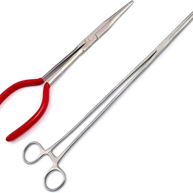 2 Pc Hemostat Forceps 16'' Straight+Long Needle Nose Bent Plier 11'' Red Pvc Dep