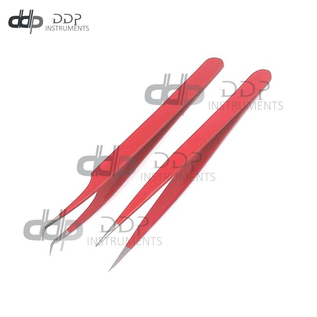 2 Pieces Straight And Curved Tip Tweezers Eyelash Extensions,Red Color Lash Tool