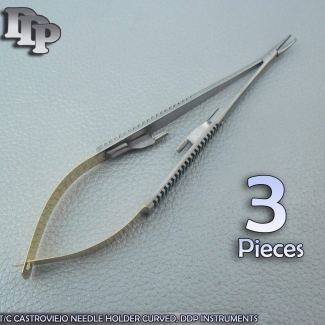 3 T/C CASTROVIEJO NEEDLE HOLDER 5.5"+9"+7" CURVED TIP W/ TUNGSTEN CARBIDE INSERT