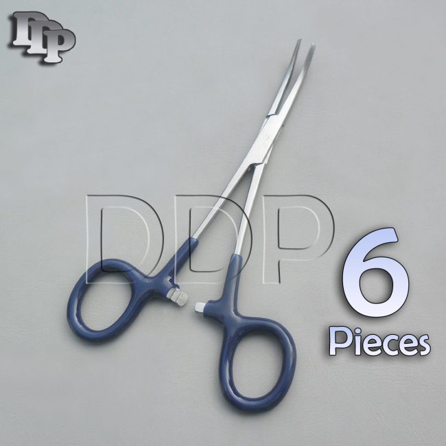 6 Hemostats Kelly Forceps Surgical Instruments, Blue Dep Handle 5.50" Curved