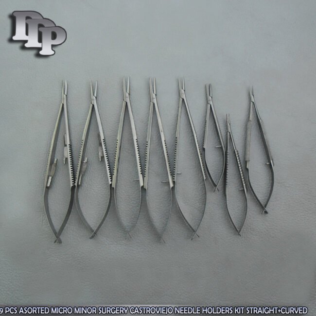 9 PCS ASORTED MICRO MINOR SURGERY CASTROVIEJO NEEDLE HOLDERS KIT STRAIGHT+CURVED