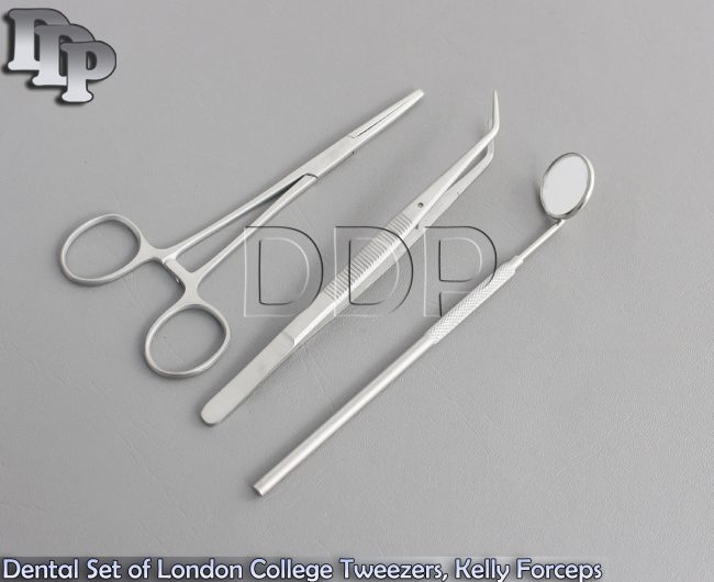 Dental Set of London College Tweezers, Kelly Forceps, Mirror Handle+Mirror New