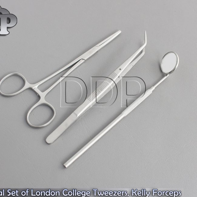 Dental Set of London College Tweezers, Kelly Forceps, Mirror Handle+Mirror New