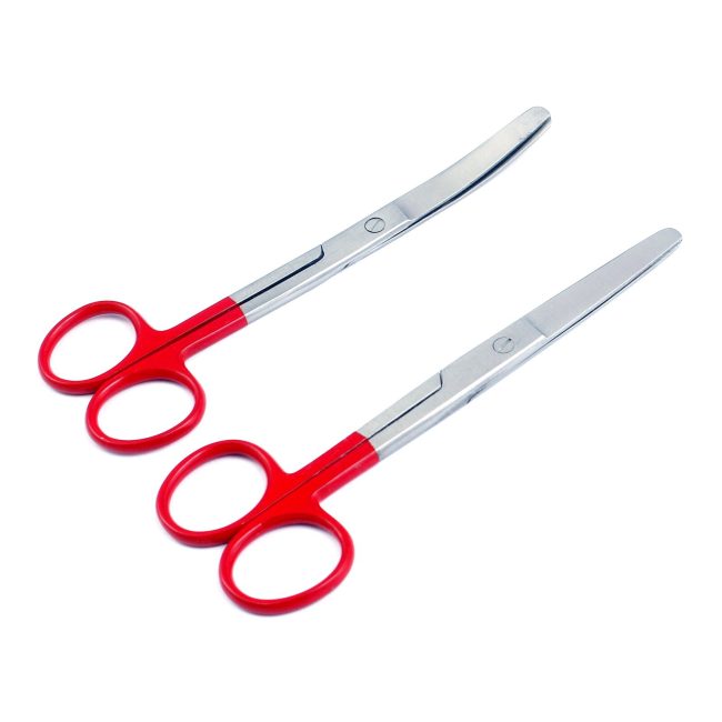 Lot Of 2 Pcs Operating Scissors 5.5" Blunt/Blunt Str+Cvd Color Handle (Red)