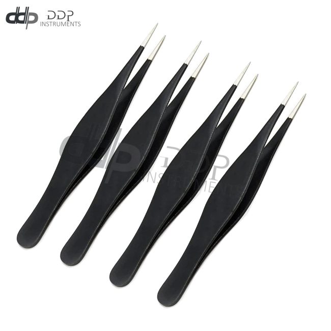 Lot Of 4 Pcs Tweezers For Ingrown Hair Pointed Blackhead Remover Eyebrow Black