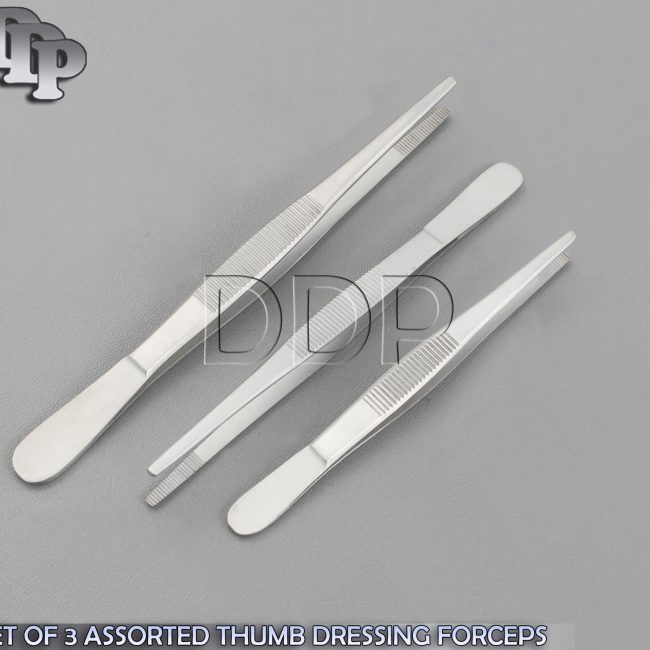 SET OF 3 ASSORTED THUMB DRESSING DISSECTING FORCEPS TWEEZERS SERRATED 5", 6", 8"