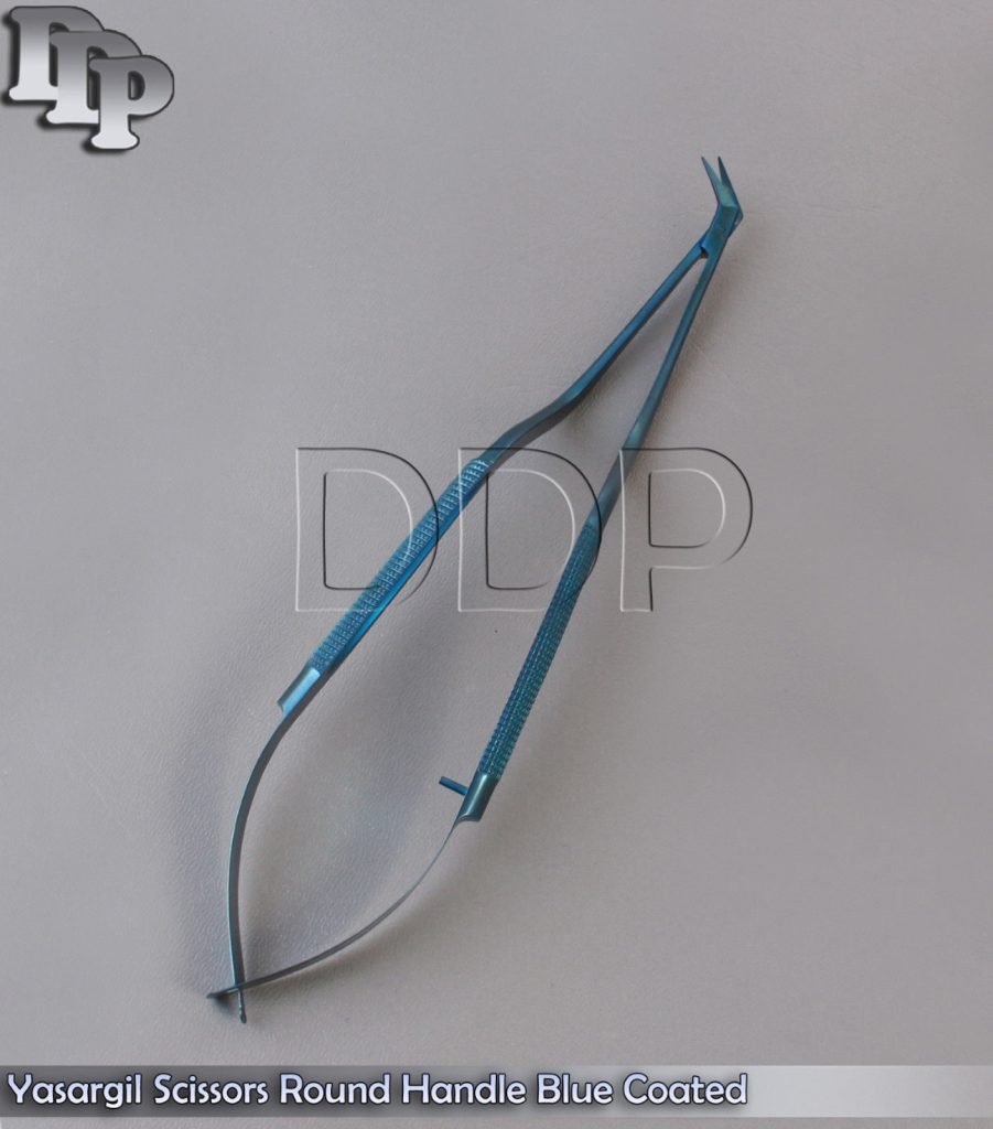 Yasargil Scissors Round Handle 8" Blue Coated Angled Surgical Instruments